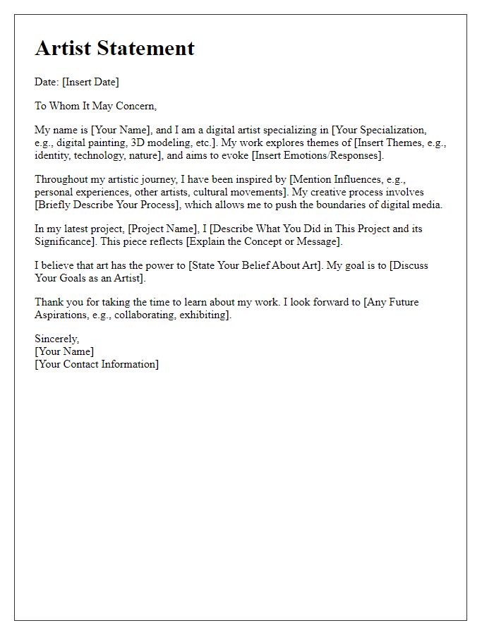 Letter template of digital artist statement