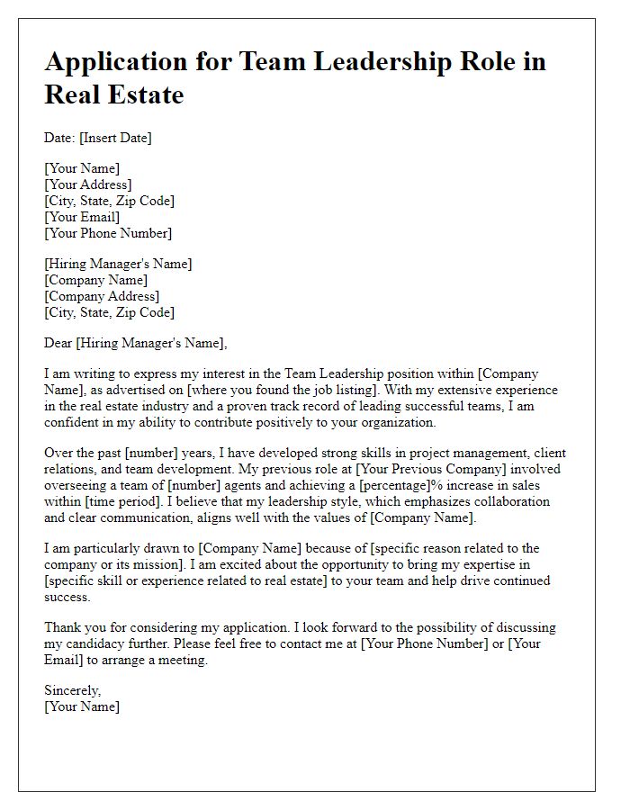 Letter template of application for team leadership role in real estate