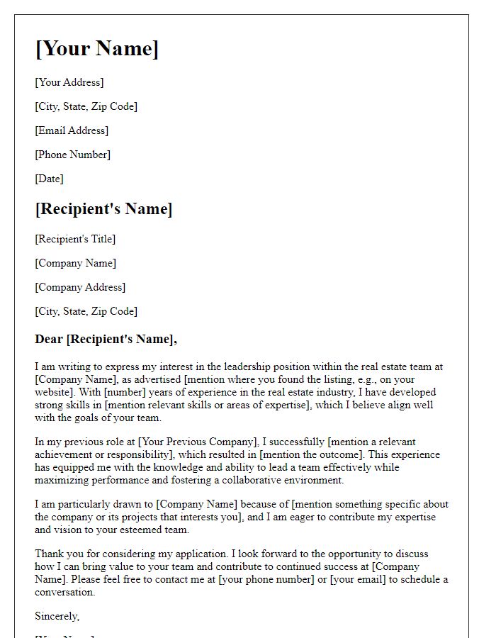 Letter template of interest for leadership position in real estate team