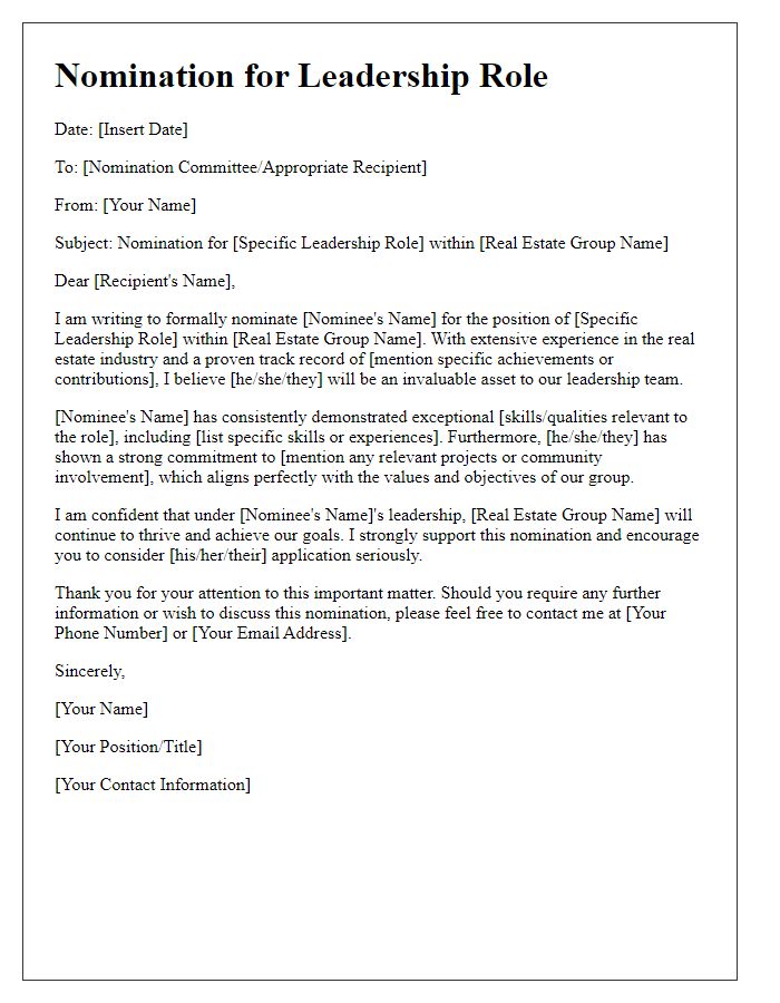 Letter template of nomination for leadership role within real estate group