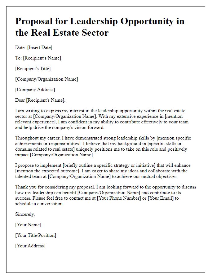 Letter template of proposal for leadership opportunity in real estate sector