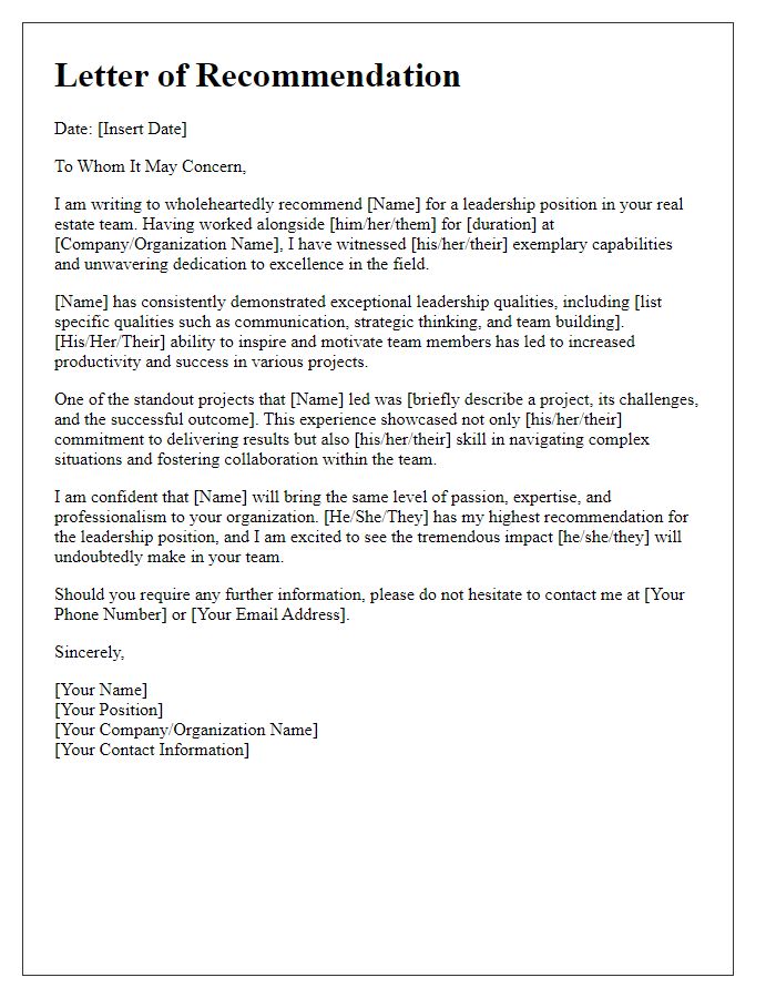 Letter template of recommendation for leadership position in real estate team