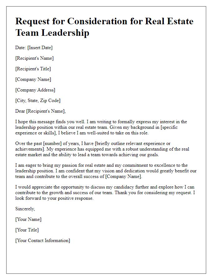 Letter template of request for consideration in real estate team leadership