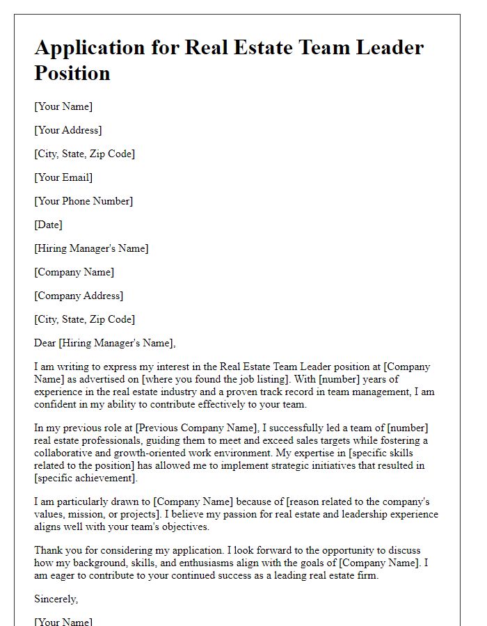 Letter template of submission for real estate team leader position