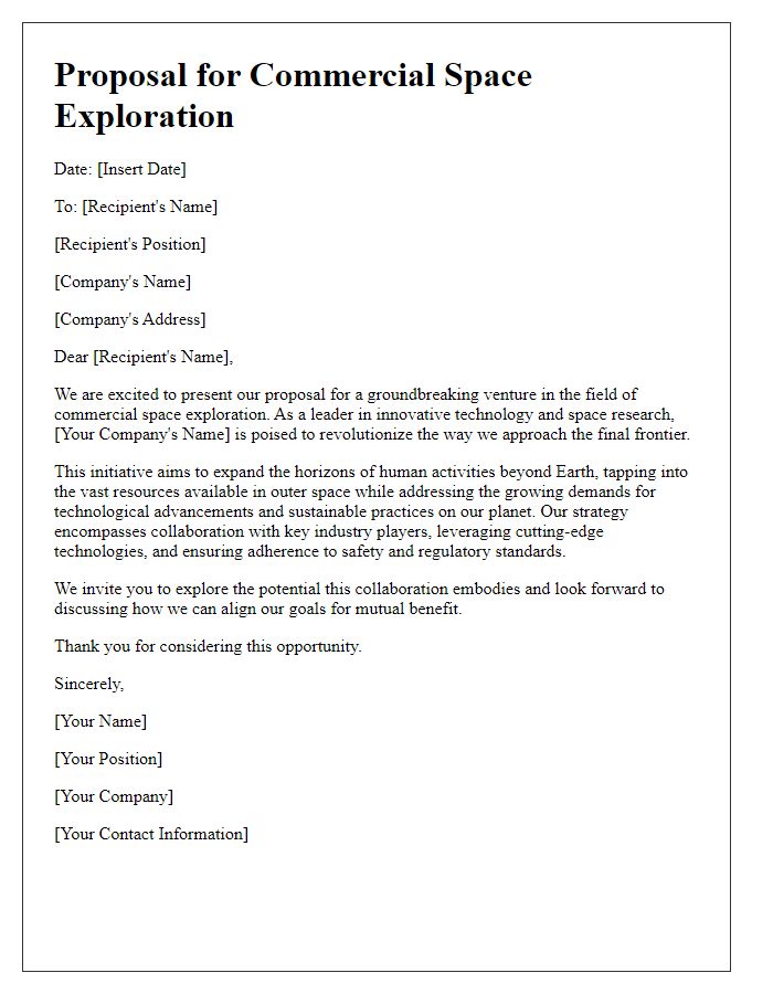 Letter template of a commercial space exploration proposal introduction