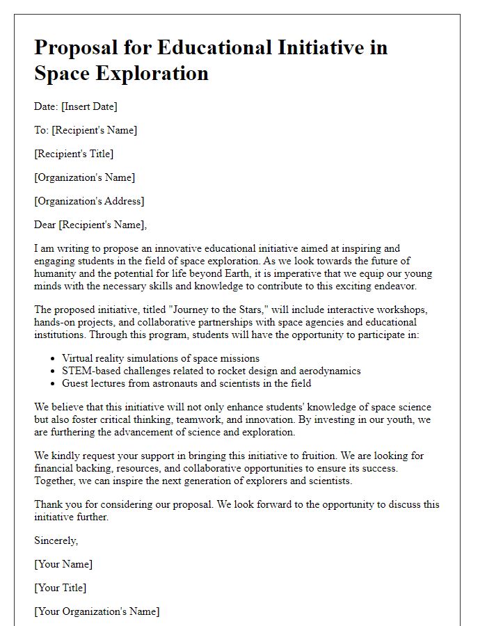 Letter template of an educational initiative proposal for space exploration