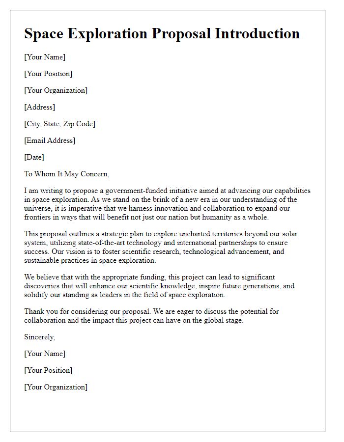 Letter template of a government-funded space exploration proposal introduction