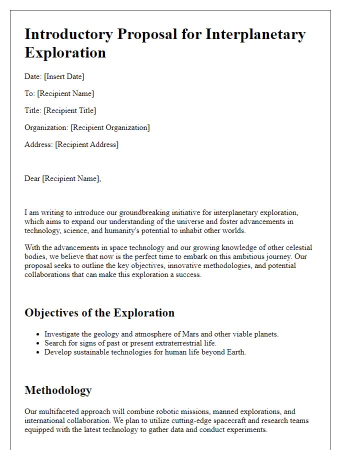 Letter template of an introductory proposal for interplanetary exploration