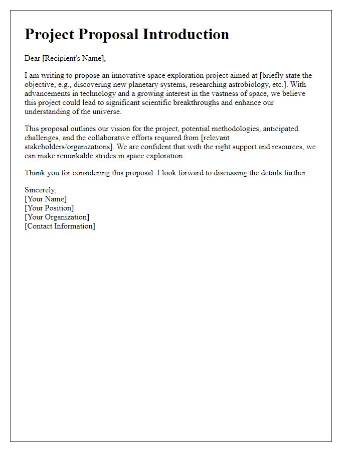 Letter template of a space exploration project proposal introduction