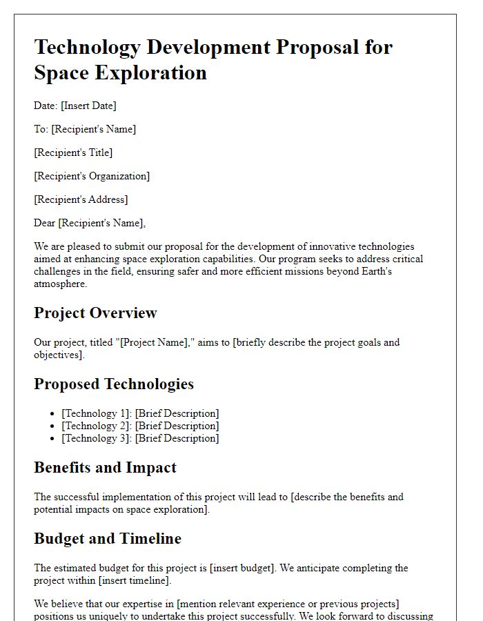 Letter template of a technology development proposal for space exploration