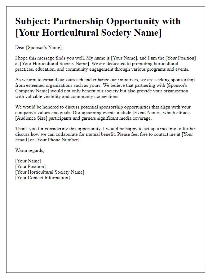 Letter template of outreach to potential horticultural society sponsors