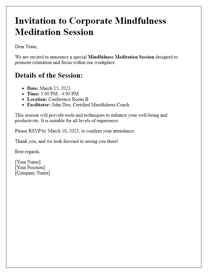 Letter template of corporate mindfulness meditation session