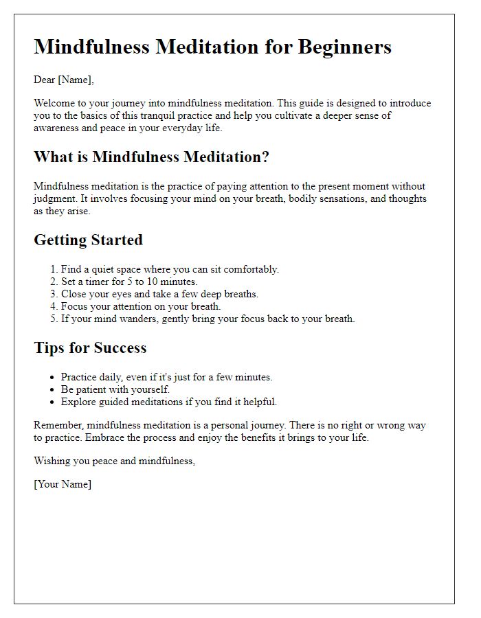 Letter template of mindfulness meditation for beginners guide