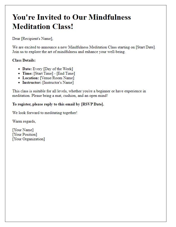 Letter template of mindfulness meditation class announcement