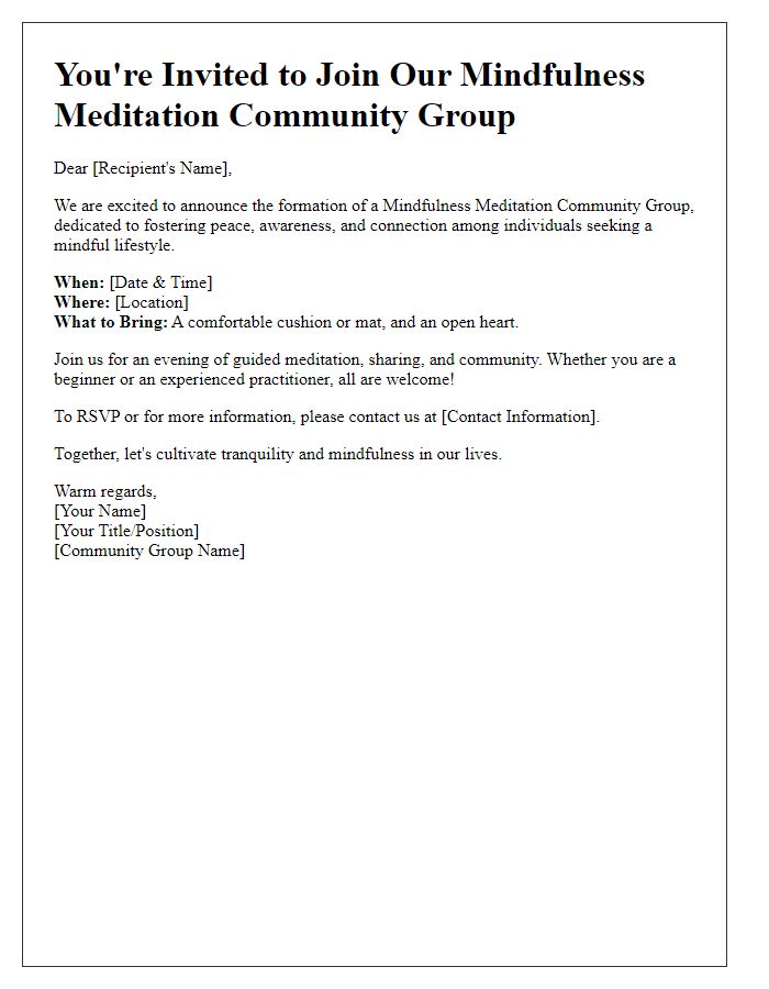 Letter template of mindfulness meditation community group invitation