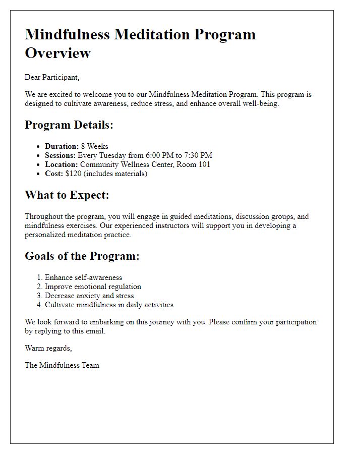 Letter template of mindfulness meditation program overview