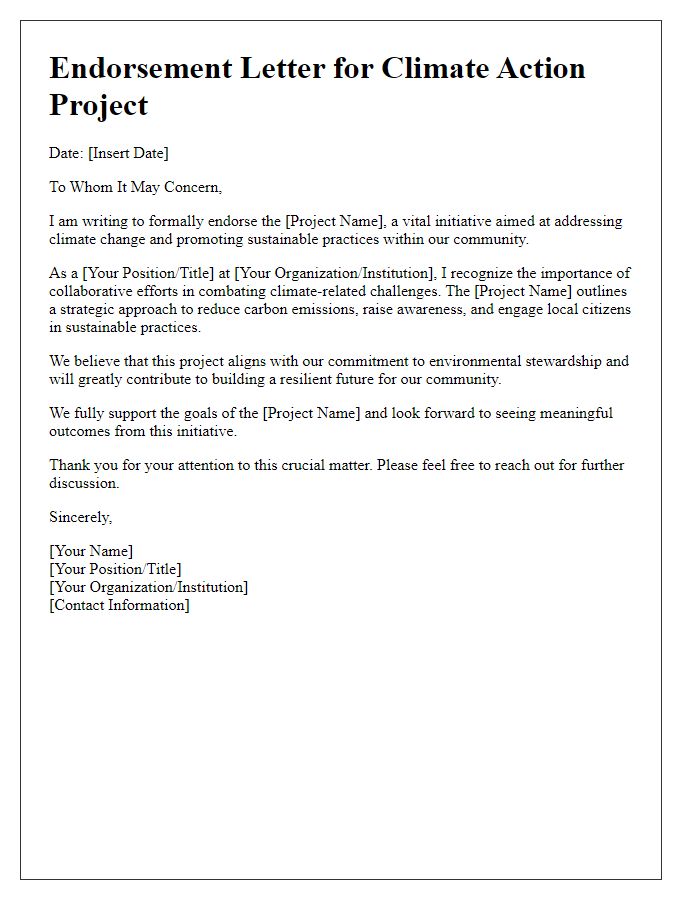 Letter template of climate action project endorsement.