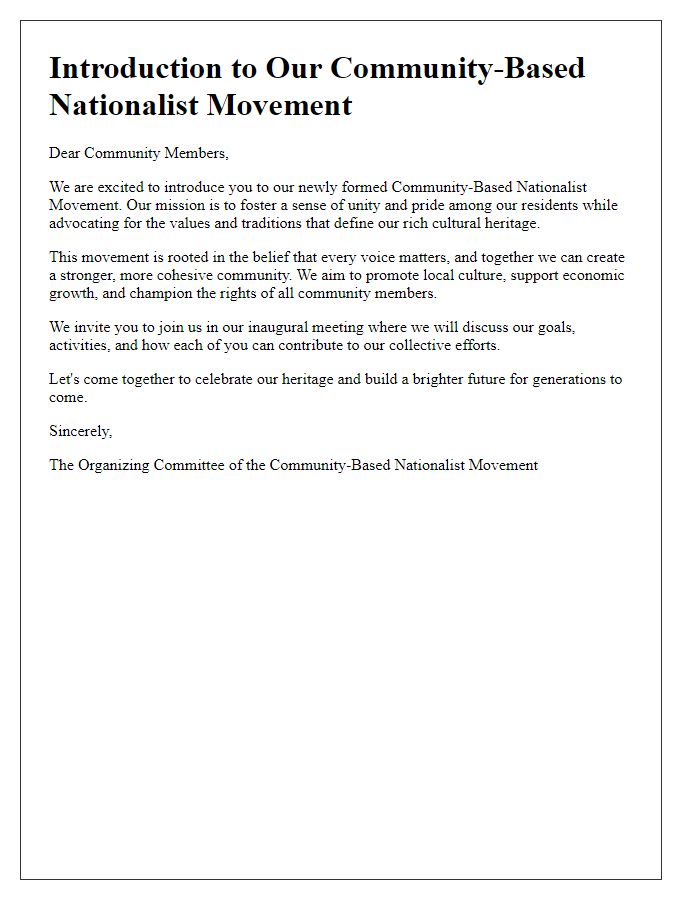 Letter template of community-based nationalist movement introduction.