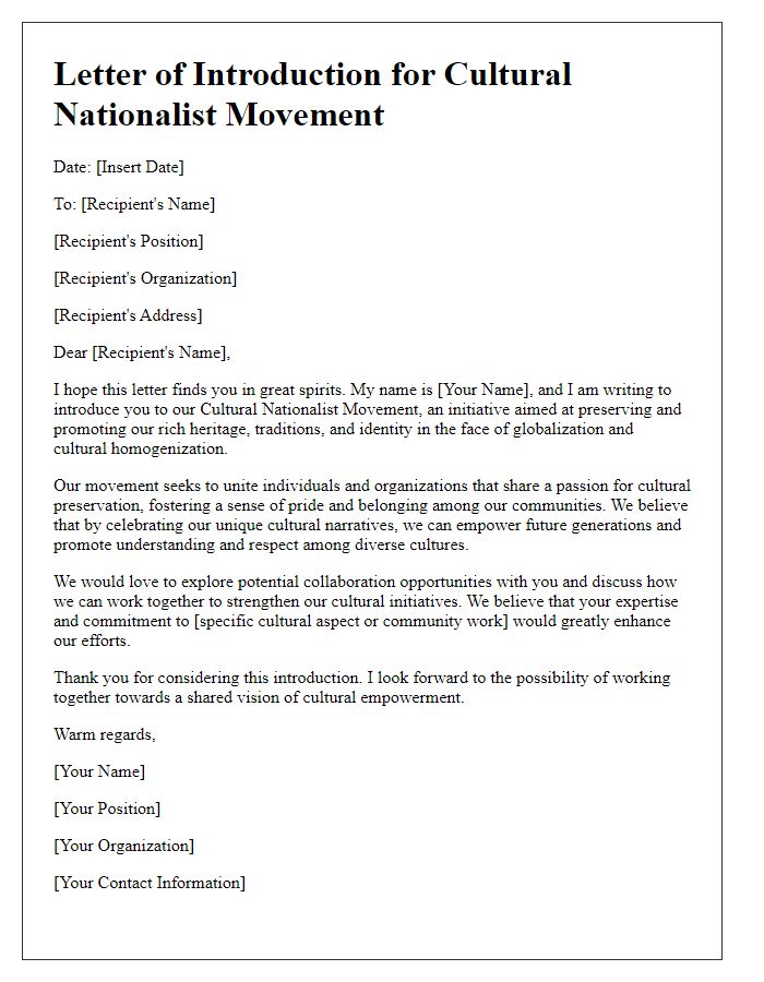 Letter template of cultural nationalist movement introduction.