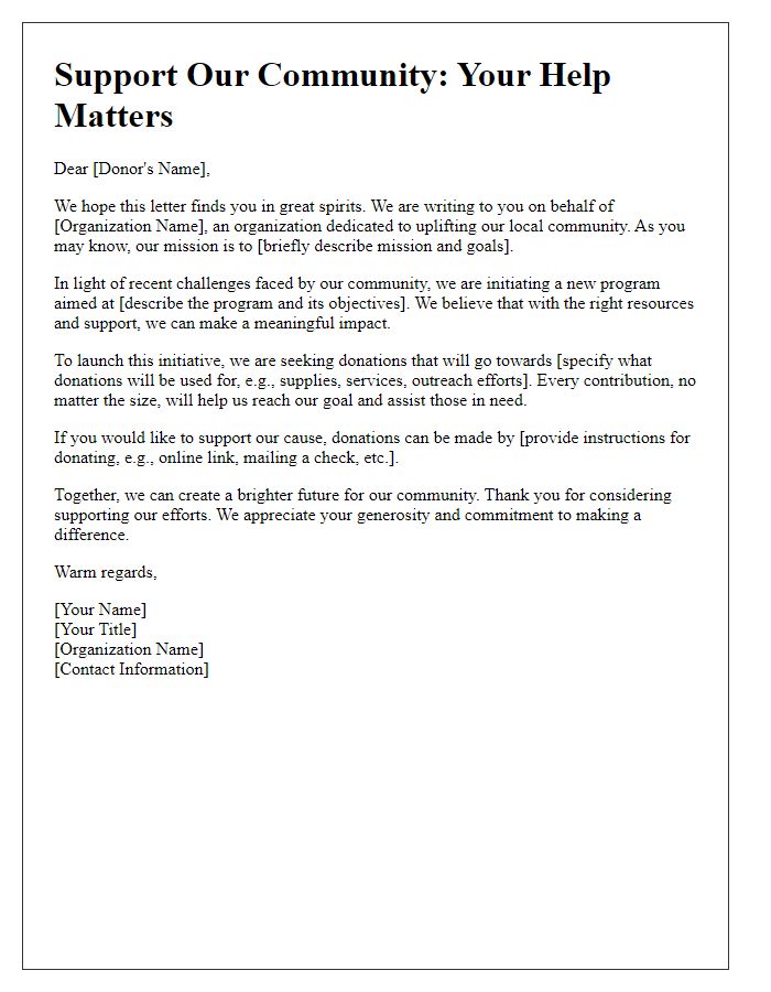 Letter template of a community support initiative seeking donations.