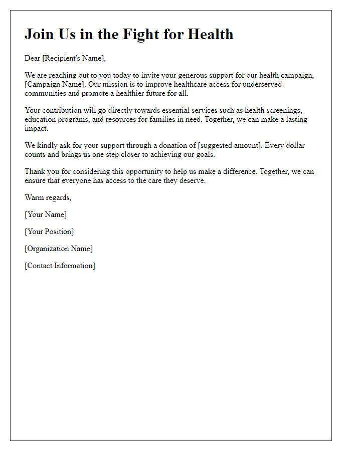 Letter template of a health campaign urging for generous support.