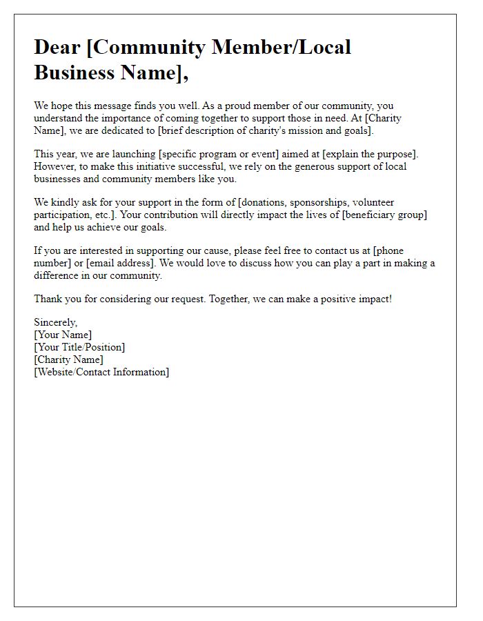 Letter template of a local charity asking for community support.