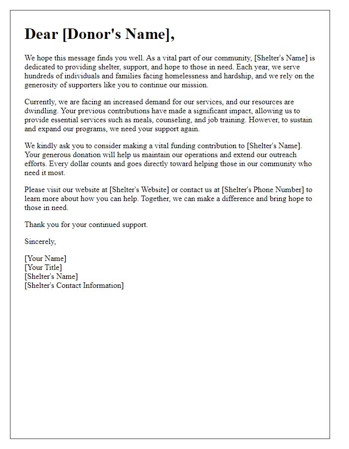 Letter template of a shelter reaching out for vital funding contributions.