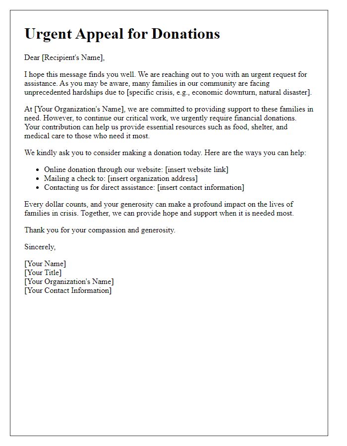 Letter template of an urgent need for donations to assist families in crisis.