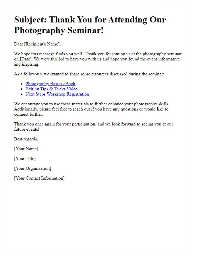 Letter template of follow-up communication post photography seminar.