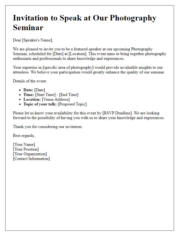 Letter template of invitation to photography seminar speakers.