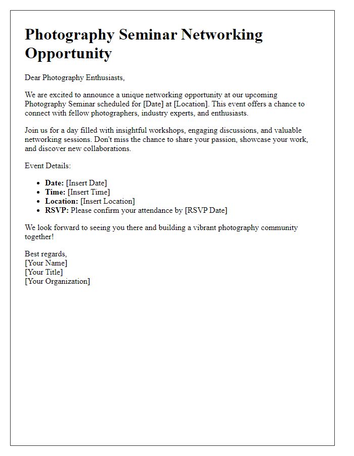 Letter template of networking opportunity announcement for photography seminar.