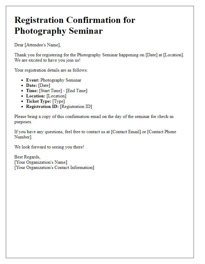 Letter template of registration confirmation for photography seminar attendees.