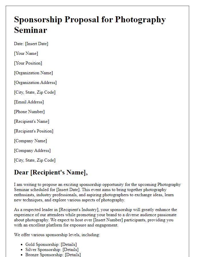 Letter template of sponsorship proposal for photography seminar.