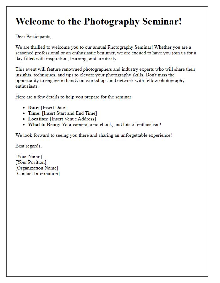 Letter template of welcome message for photography seminar participants.