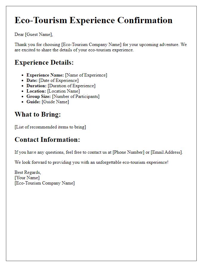 Letter template of eco-tourism experience details.