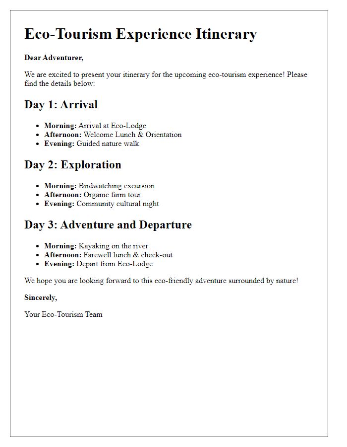 Letter template of eco-tourism experience itinerary.