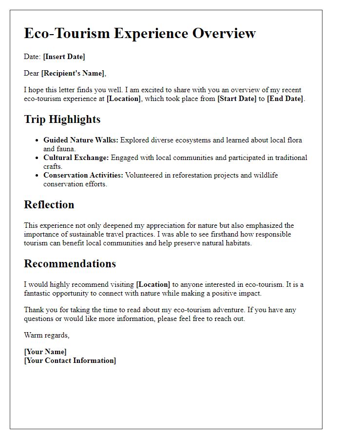 Letter template of eco-tourism experience overview.