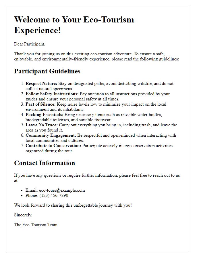 Letter template of eco-tourism experience participant guidelines.