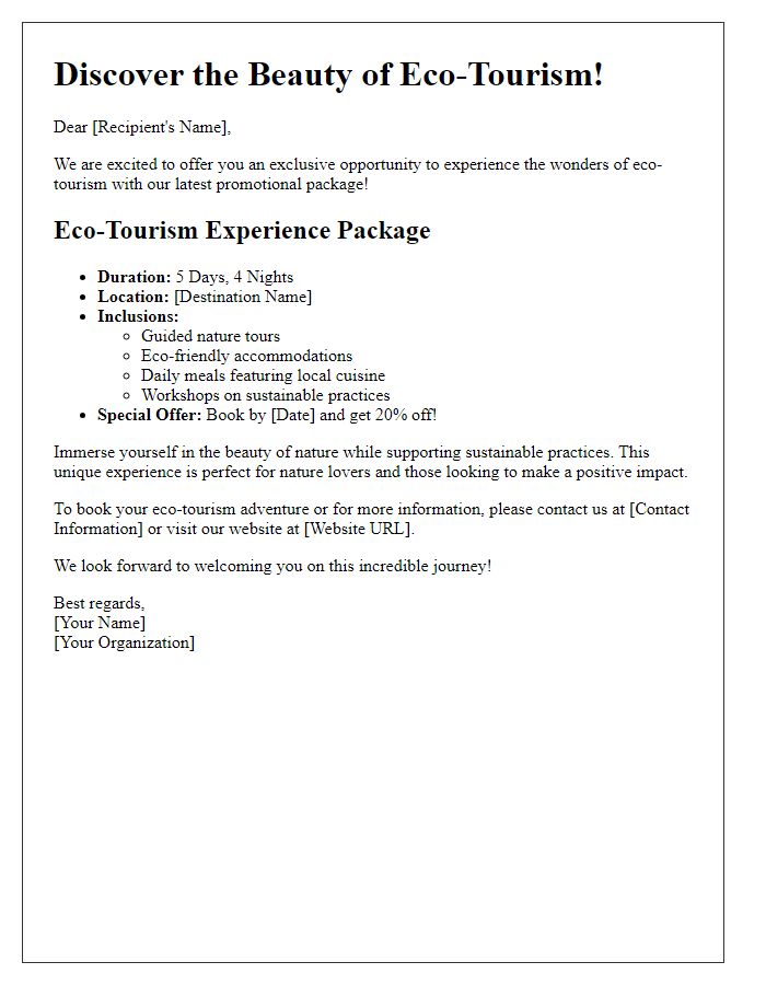 Letter template of eco-tourism experience promotional offer.