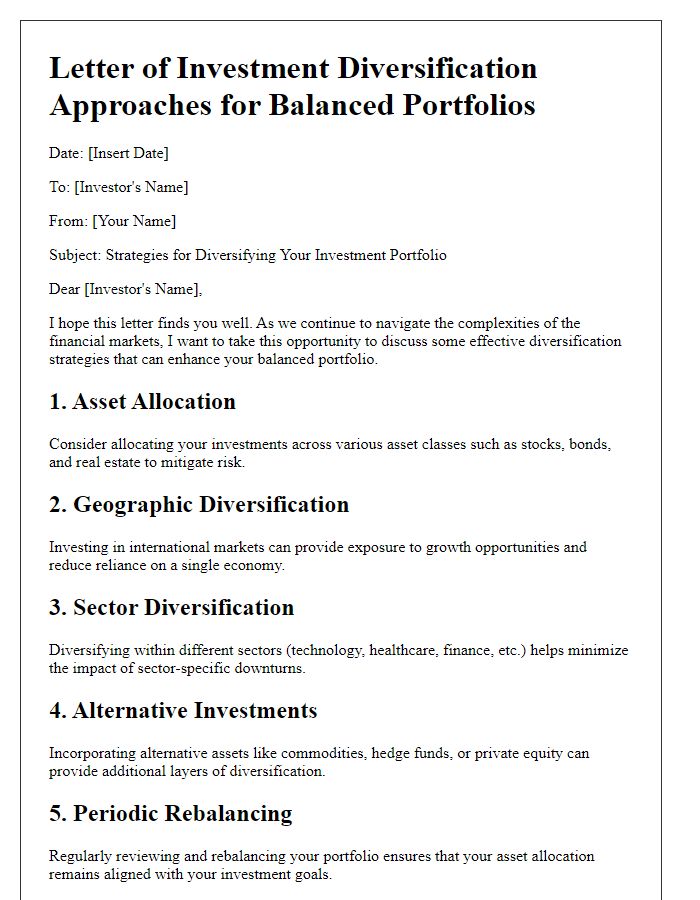 Letter template of investment diversification approaches for balanced portfolios