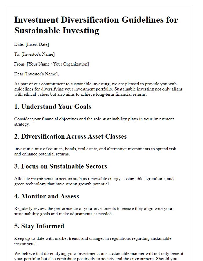 Letter template of investment diversification guidelines for sustainable investing