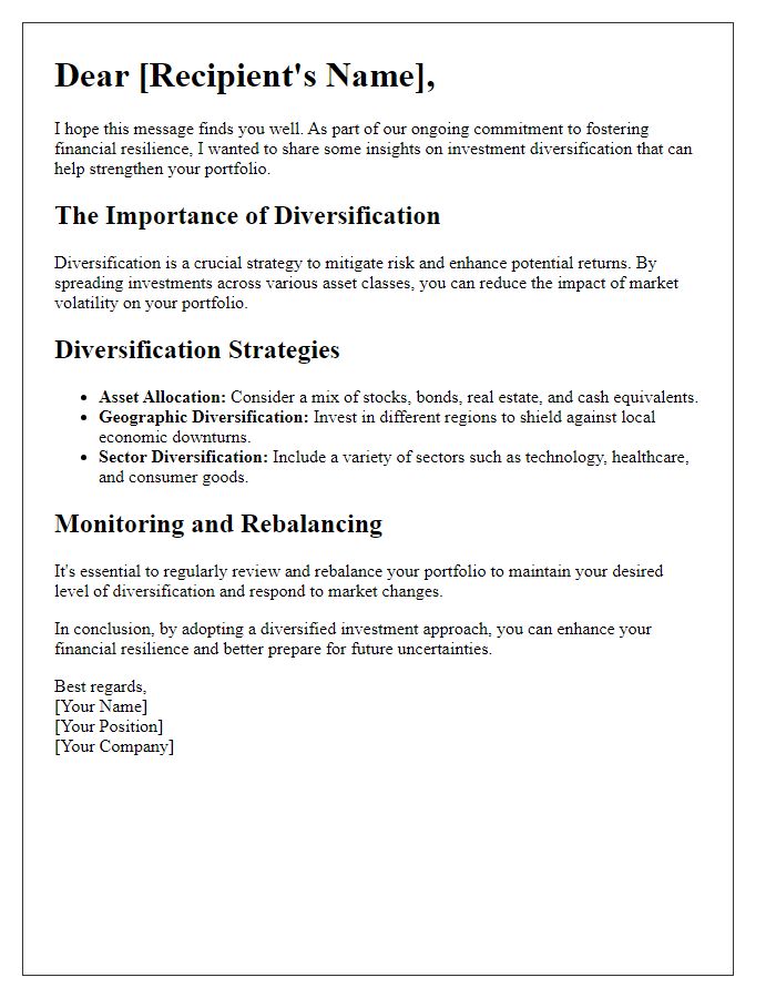 Letter template of investment diversification insights for financial resilience