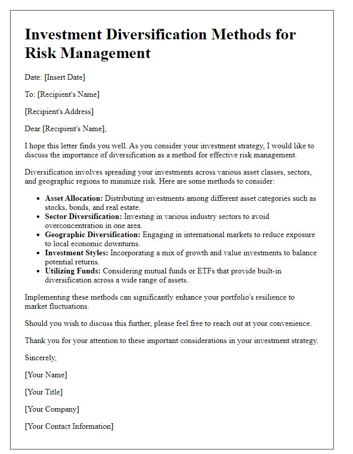 Letter template of investment diversification methods for risk management