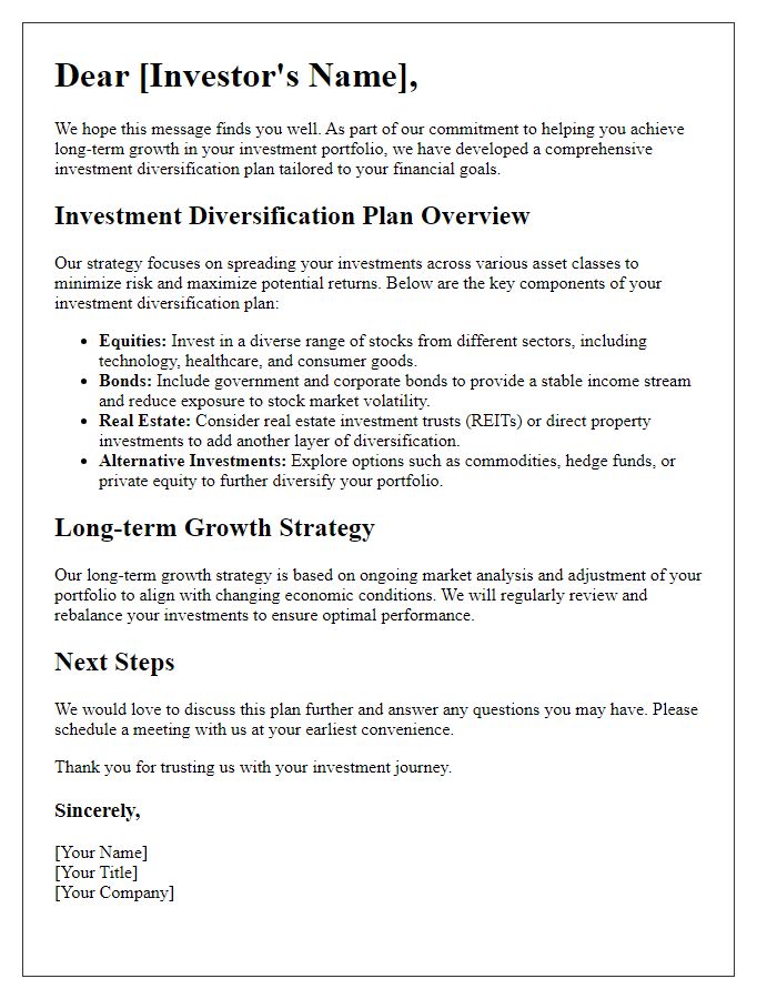 Letter template of investment diversification plans for long-term growth