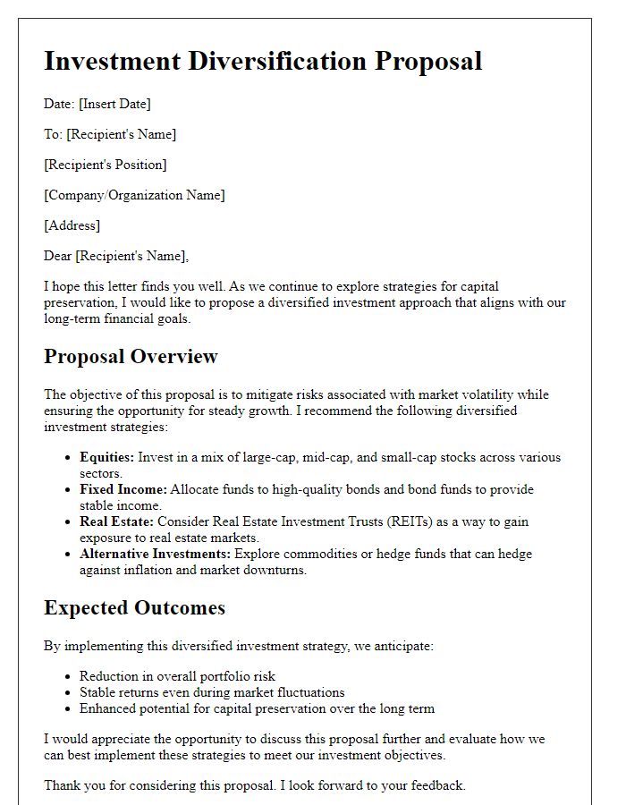 Letter template of investment diversification proposals for capital preservation