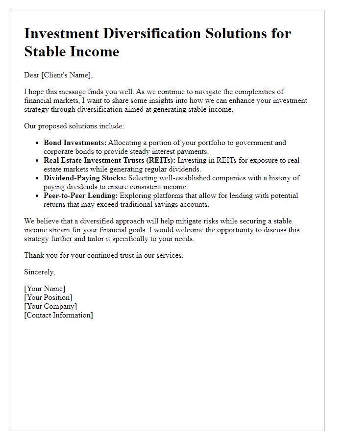 Letter template of investment diversification solutions for stable income