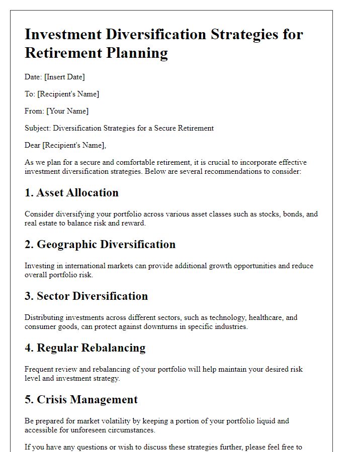 Letter template of investment diversification strategies for retirement planning