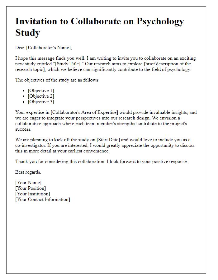 Letter template of psychology study introduction for collaborators.