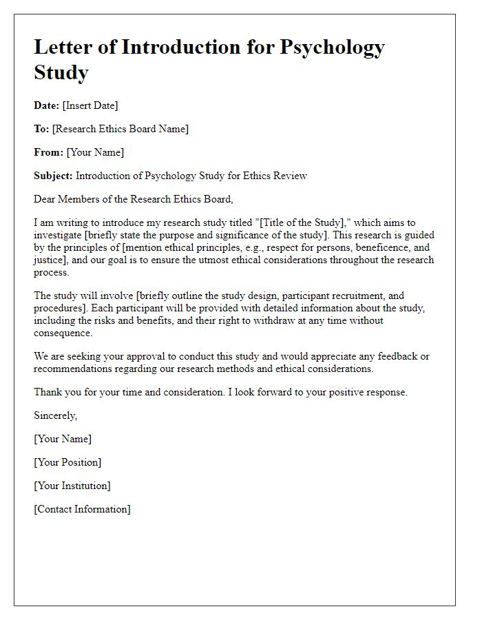 Letter template of psychology study introduction for research ethics board.