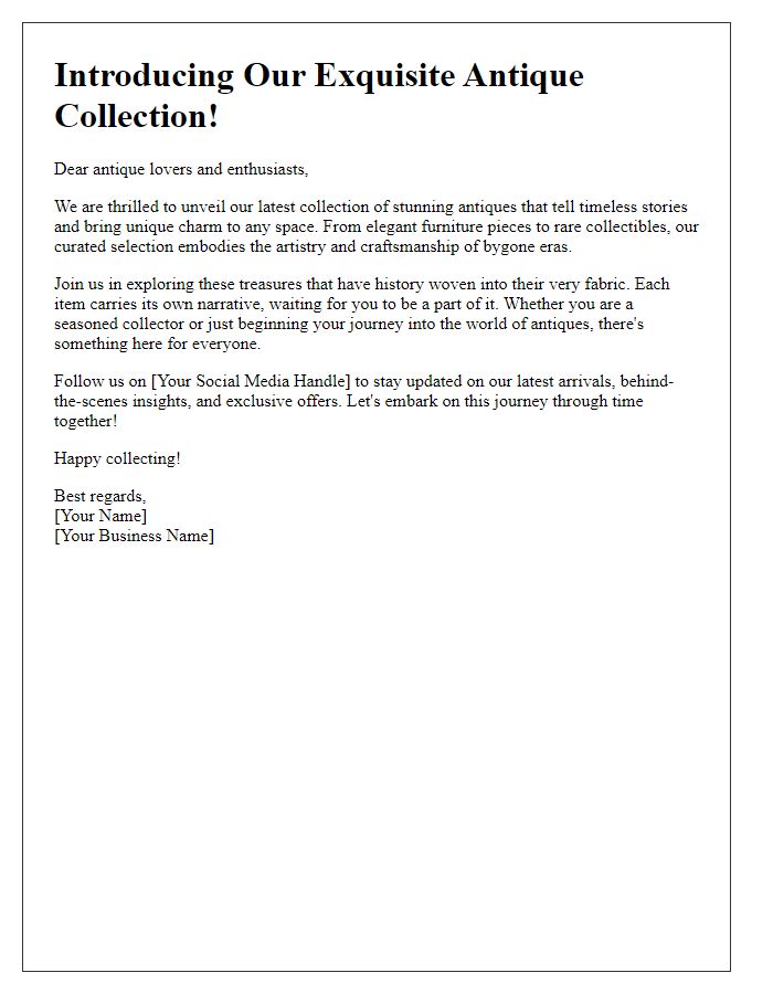 Letter template of antique collection introduction for social media.